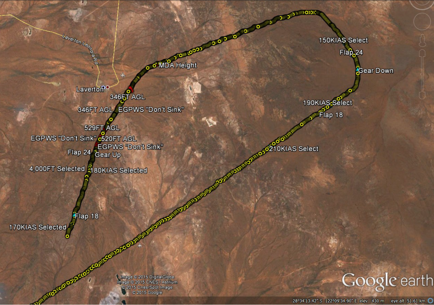 Figure 2: Plan view of the incident flight from the recorded flight data